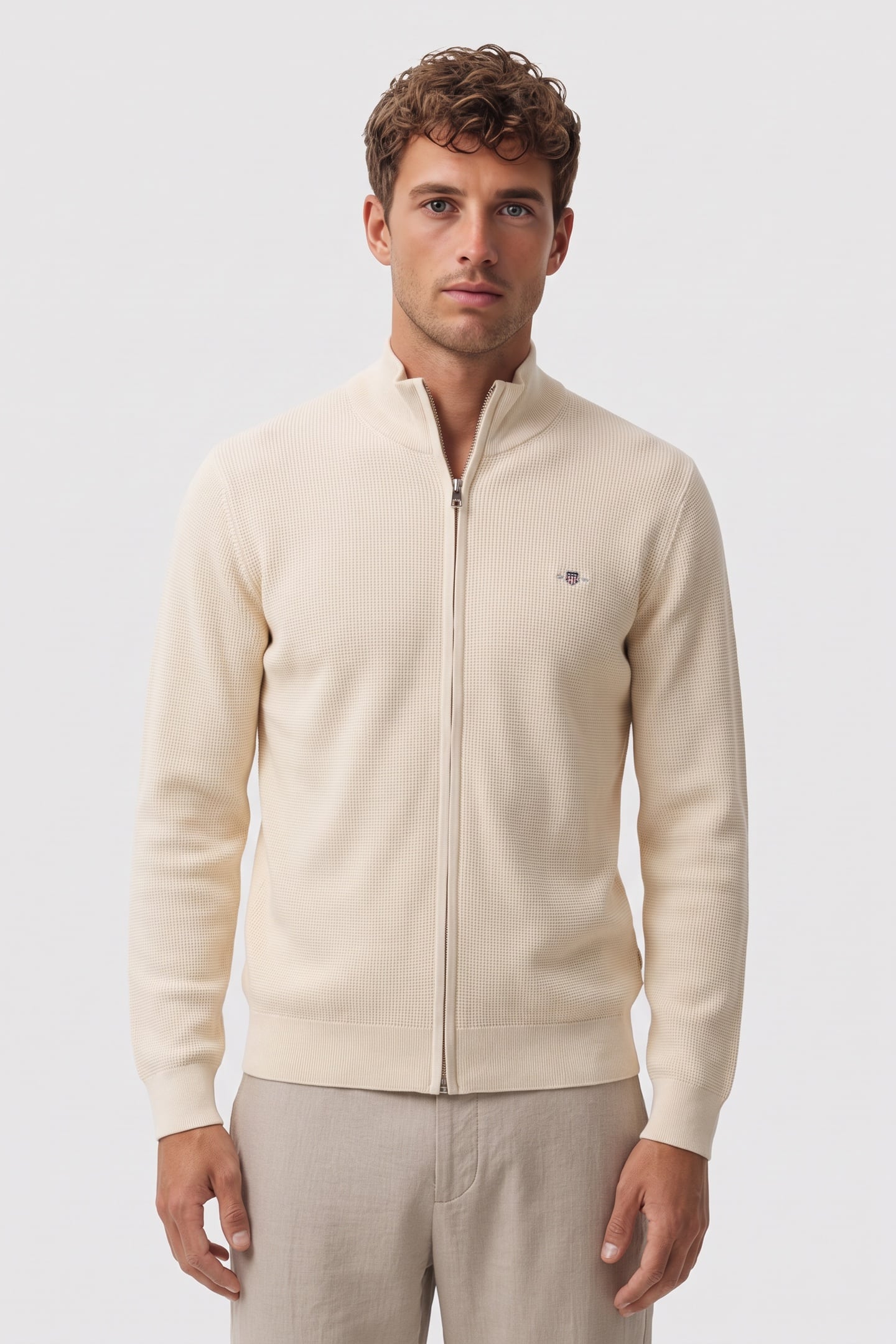 GANT Waffle Knit Zip Cardigan Cream Taille: 3XL | Cardigans Outlet | Homme | Blanche