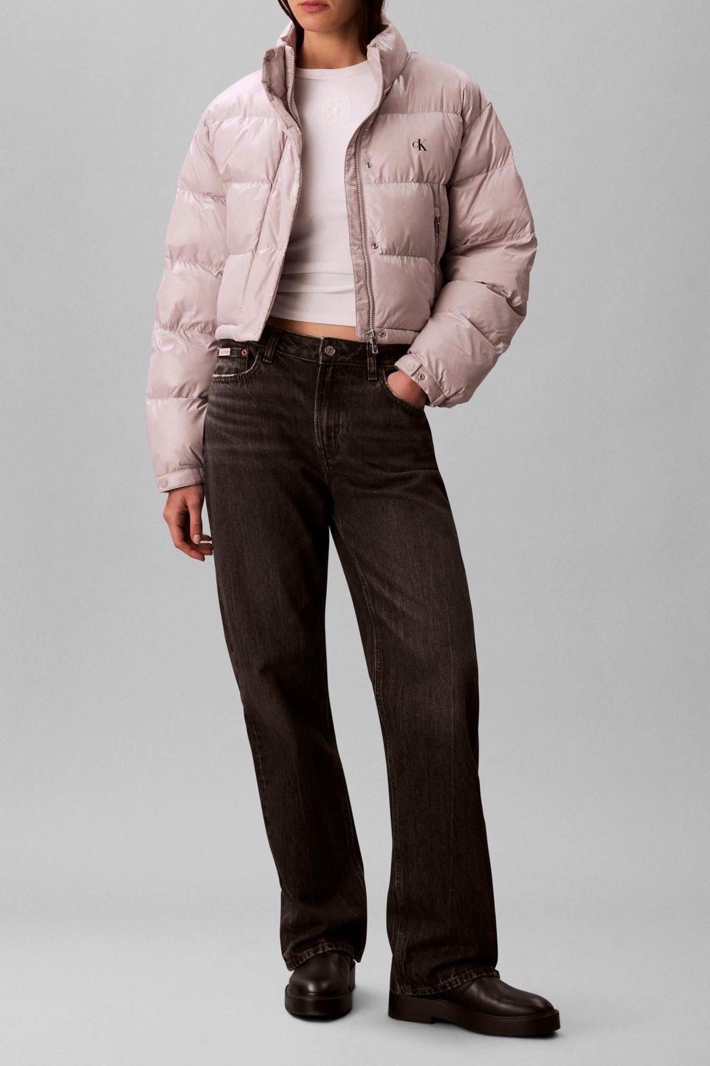 Calvin Klein Shine Crop Puffer Jacket Gull Gray Talla: M | Chaquetas de Invierno Outlet | Mujer | Gris