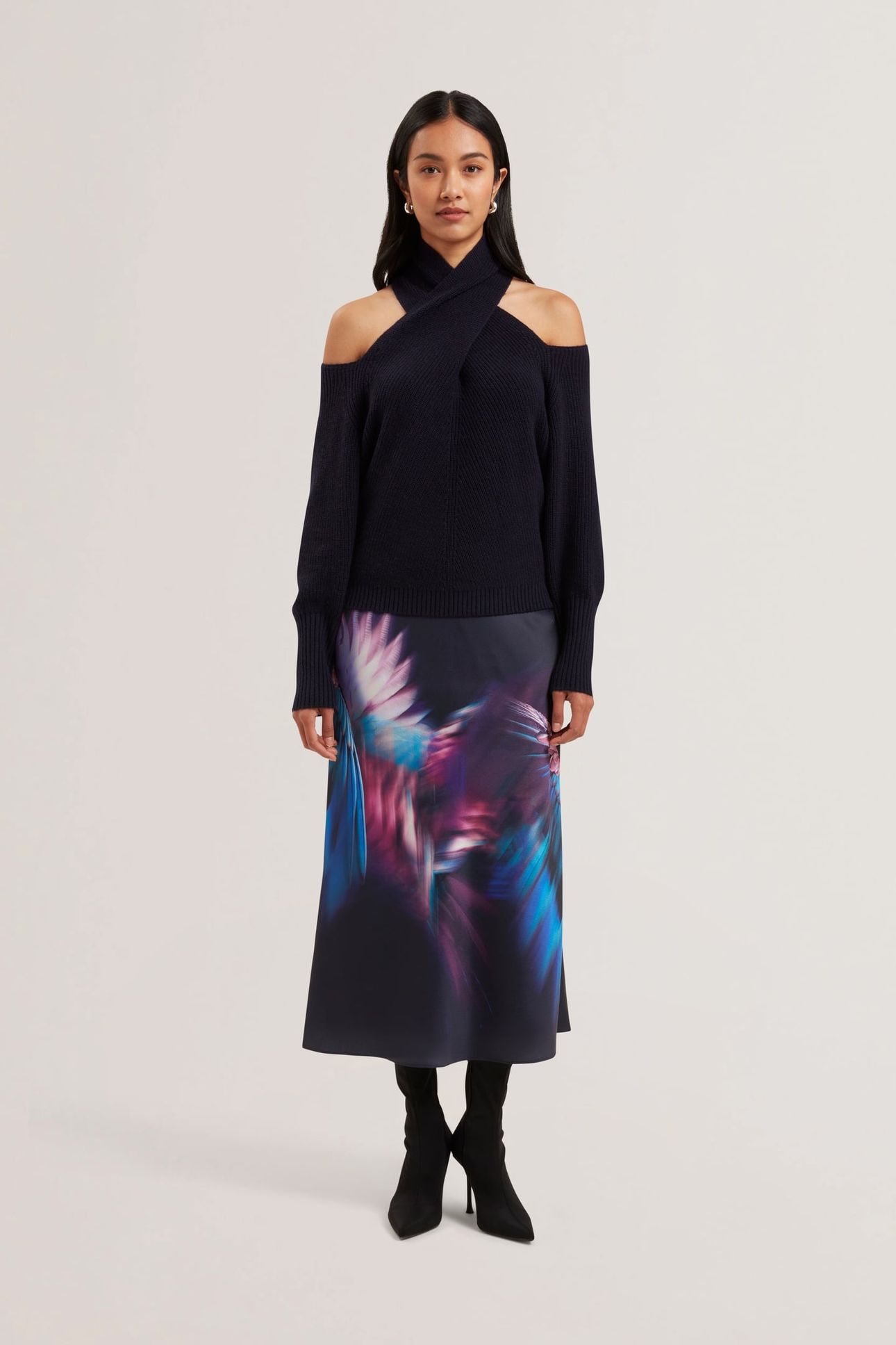 Ted Baker Wms Gilao Printed Midi Bias Cut Skirt Navy Maat: 44 | Midi Rokken Outlet | Dames | Blauw