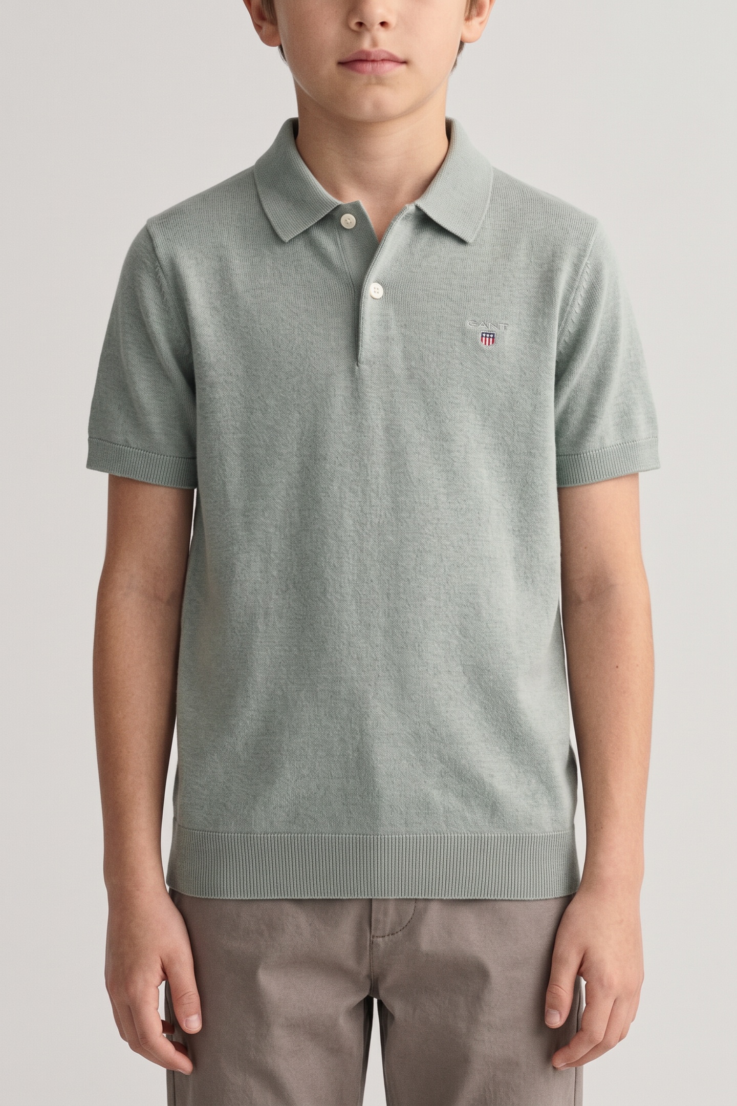 GANT Teen Boys Shield Knitted Ss Polo Ceramic Grey Maat: 158 | Overhemden Outlet | kids | Groen