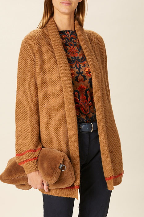 SHAWL NECK CARDI STRIPE LS BROWN 2