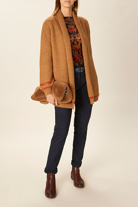 SHAWL NECK CARDI STRIPE LS BROWN 4