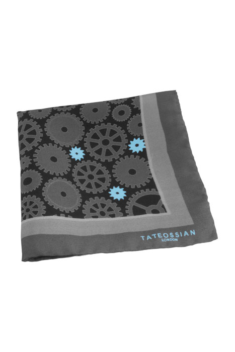 Gear patterned silk pocket square in grey