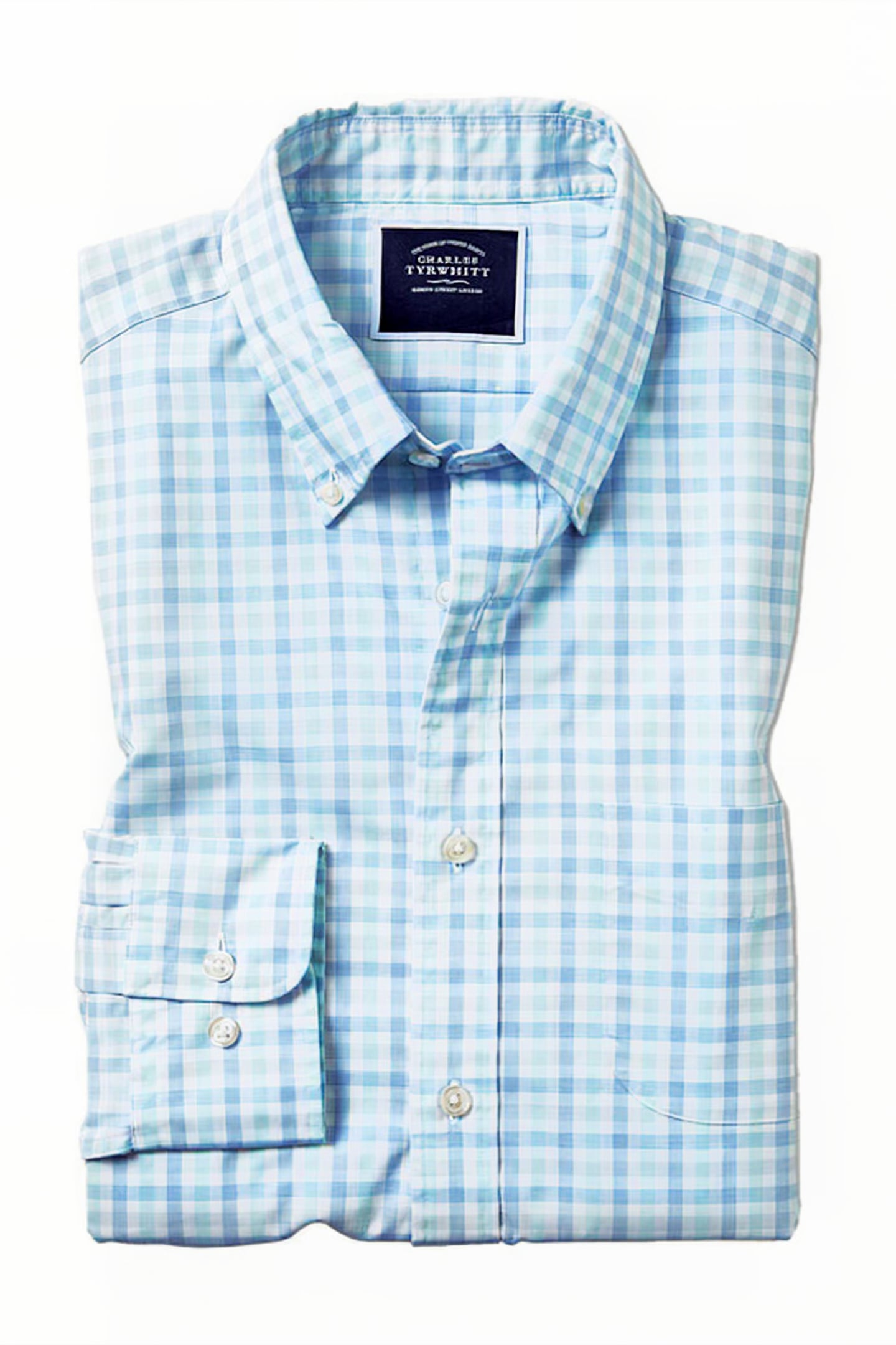 Charles Tyrwhitt Light Green And Blue Gingham Esf Soft Washed Stretch Poplin  Maat: XS | Zakelijke Overhemden Outlet | Heren | Blauw