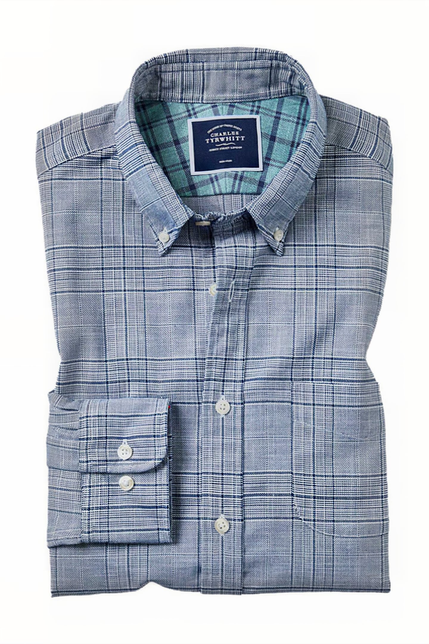 Charles Tyrwhitt Navy Prince Of Wales Check Esf Soft Washed Non Iron Twill Sh Maat: S | Zakelijke Overhemden Outlet | Heren | Grijs