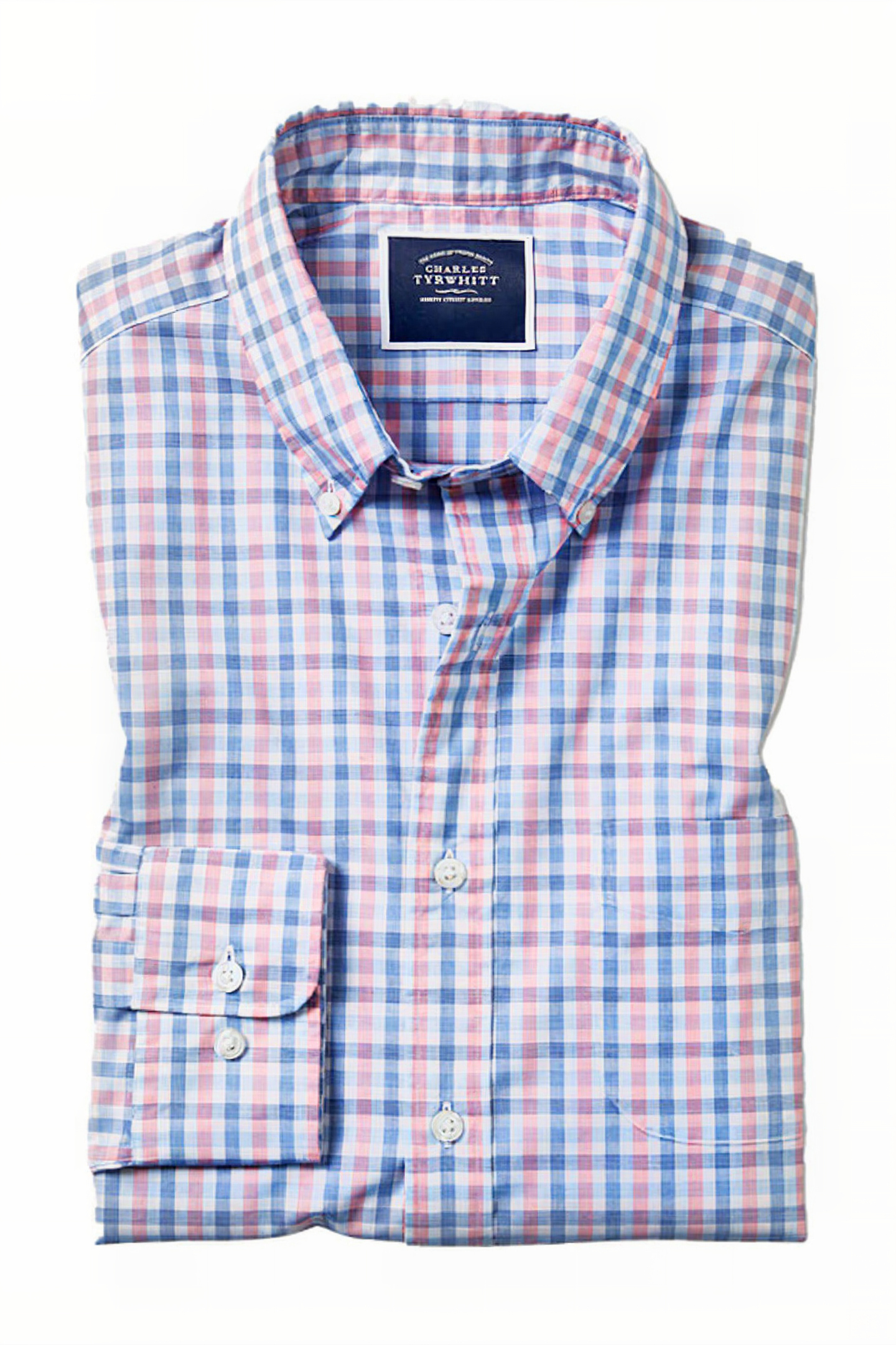 Charles Tyrwhitt Coral And Blue Gingham Extra Slim Fit Soft Washed Stretch Po Maat: XS | Zakelijke Overhemden Outlet | Heren | Blauw