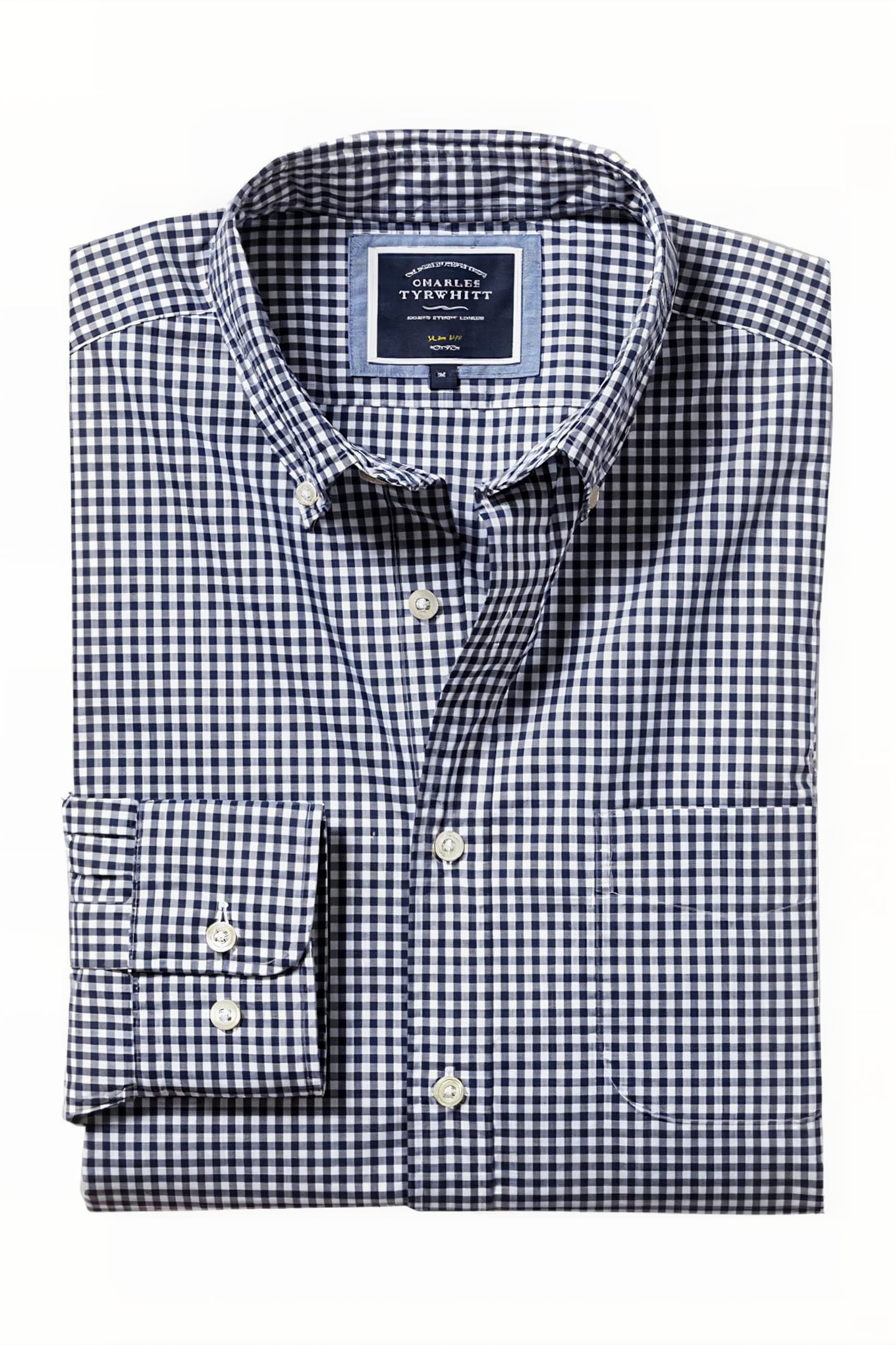 Charles Tyrwhitt Navy Gingham Esf Soft Washed Non-iron Stretch Poplin - Try O Maat: M | Longsleeves Outlet | Heren | Blauw