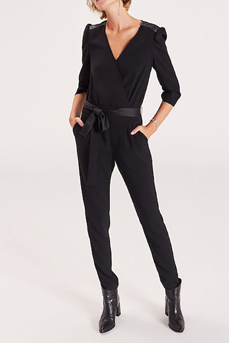 Black satin-backed crepe long jumpsuit