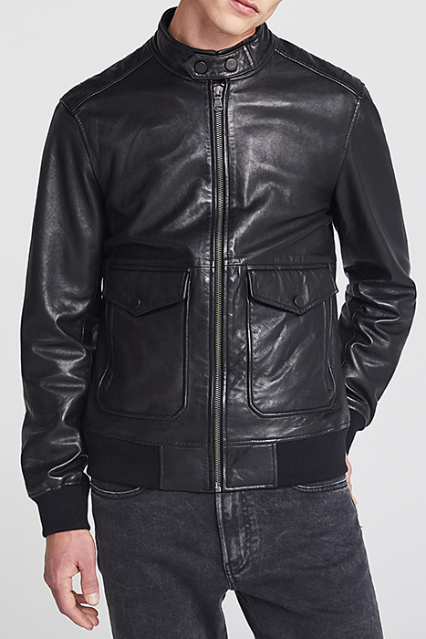 Black biker-style double-pocket leather jacket...