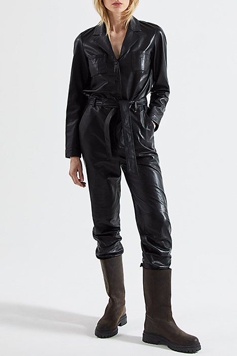 Black lambskin leather long jumpsuit