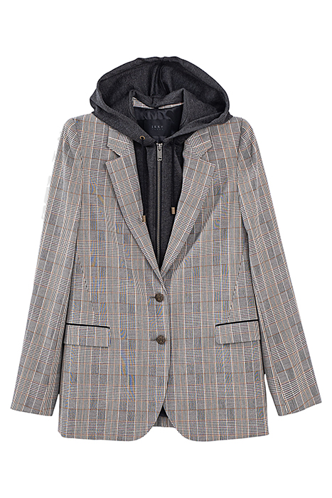 Suit jacket with detachable hooded facing
