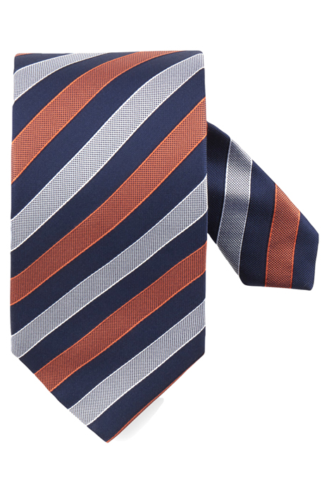Navy/orange striped silk tie white pattern