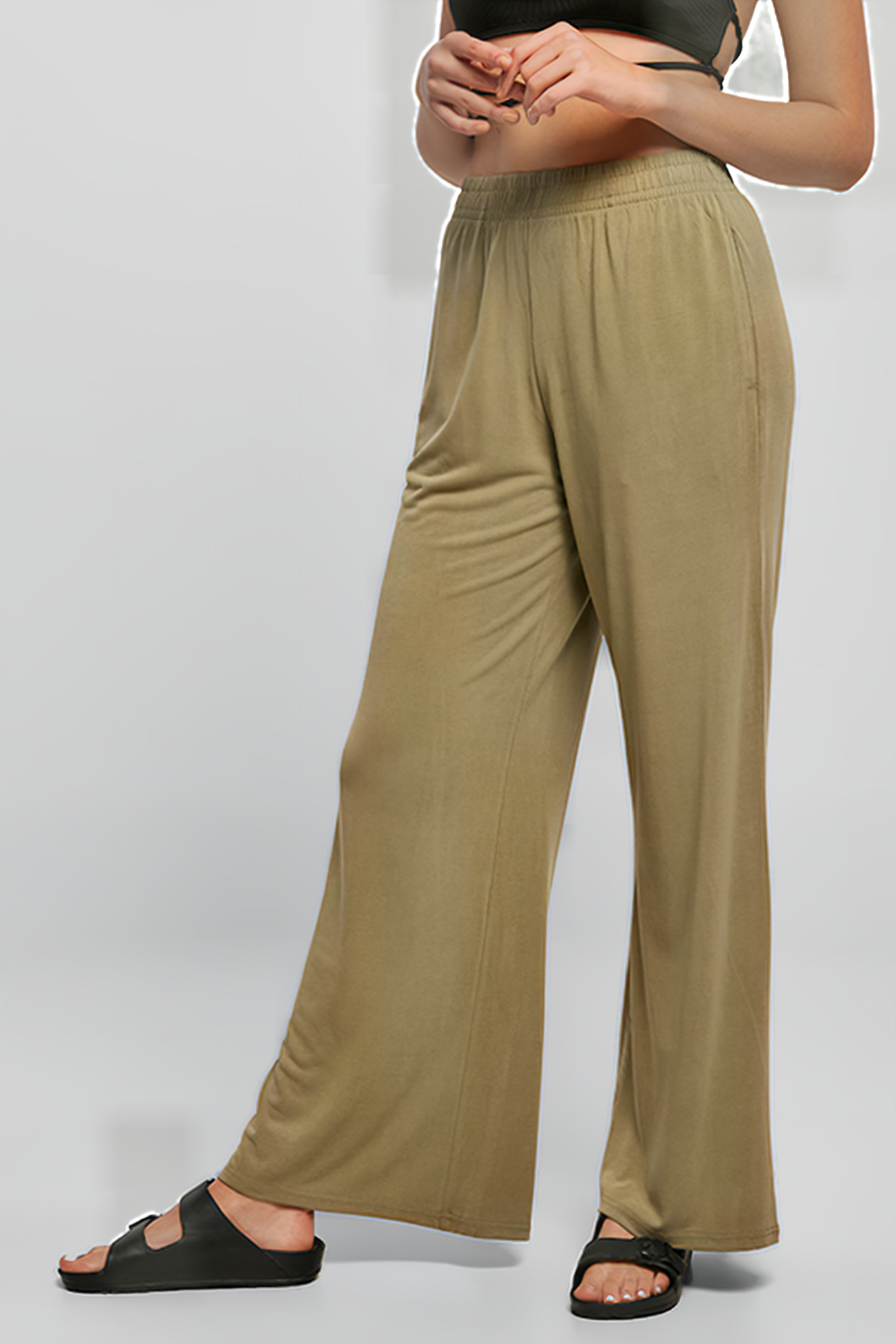 LADIES MODAL WIDE LEG PANTS KHAKI 2