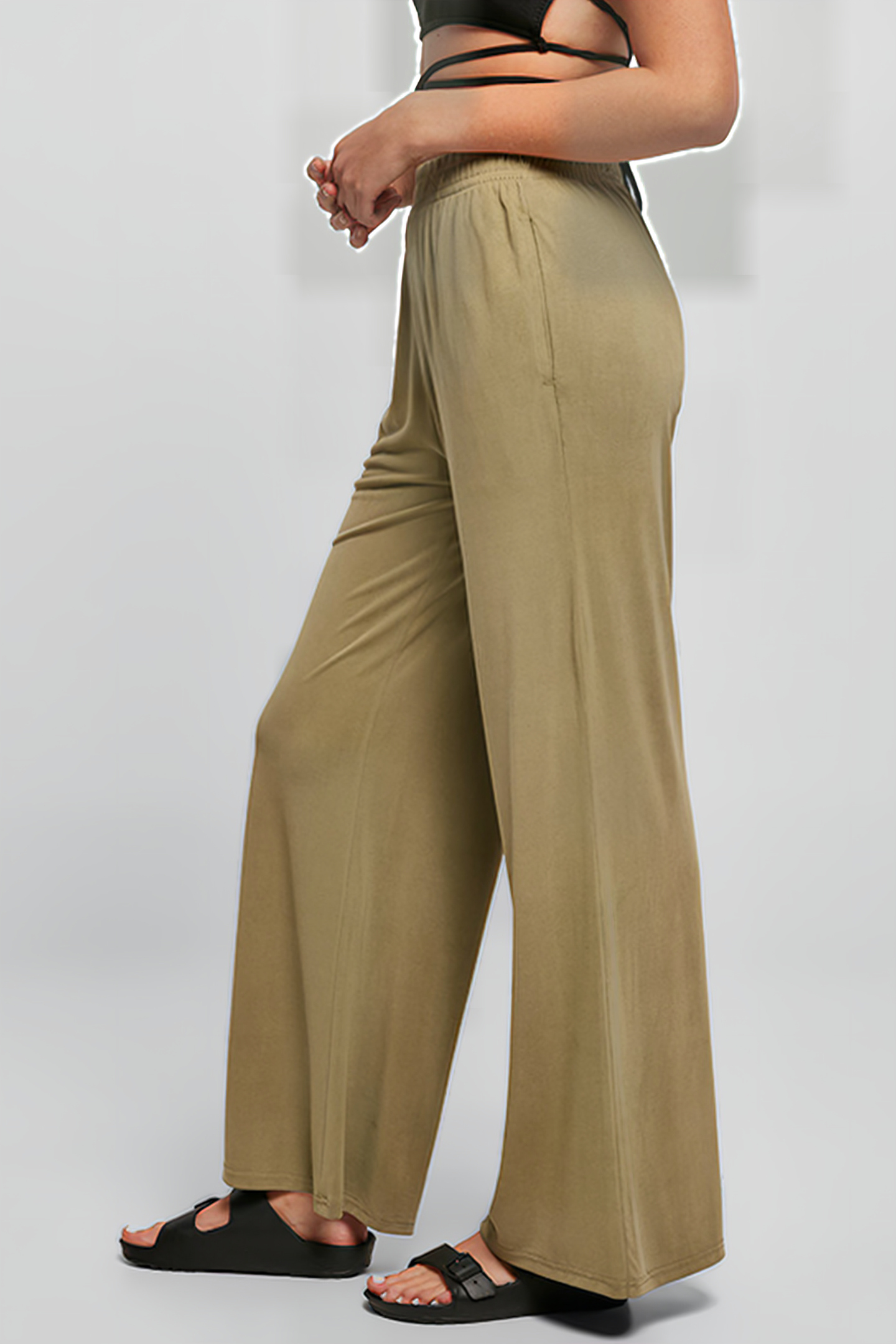 LADIES MODAL WIDE LEG PANTS KHAKI 5