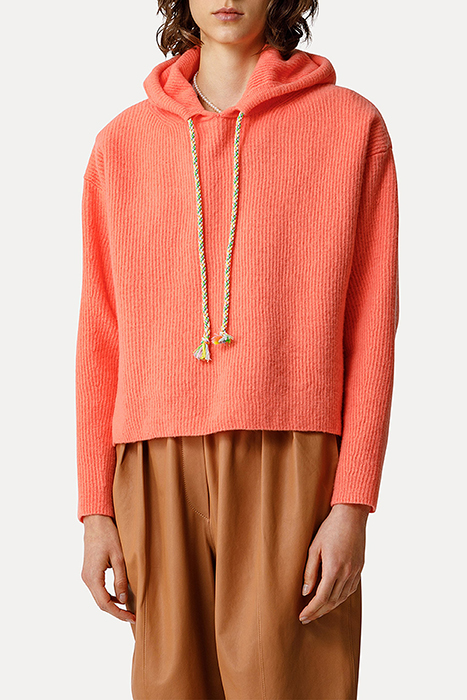 SOFT PURE WOOL RIB STITCH HOODIE SWEATER ORANGE 2