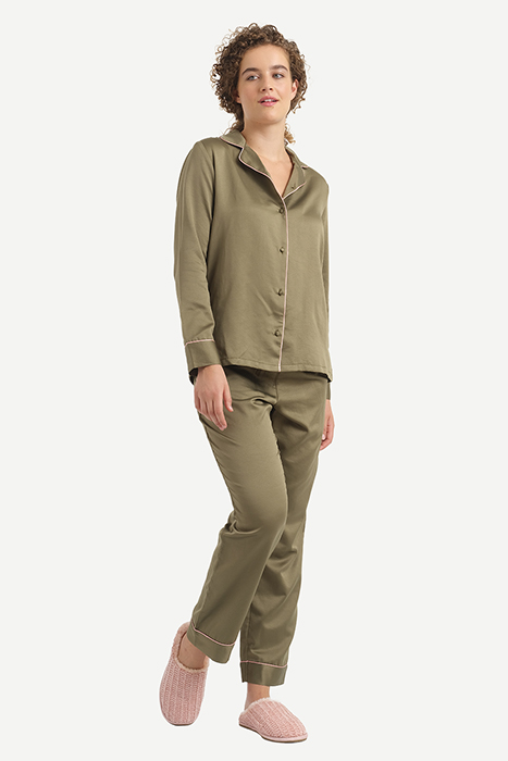 NW SET PYJAMA SHIRT JANET SATIN SOLID ARMY KHAKI 2