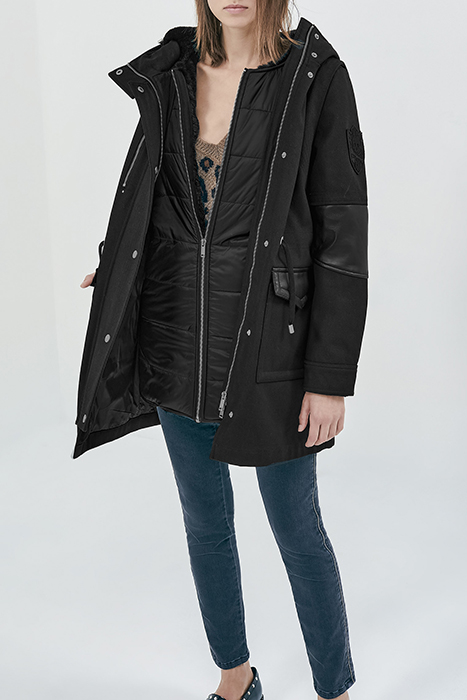 BLACK TOPSTITCHED TWILL HOODED MID-LENGTH PARKA 1