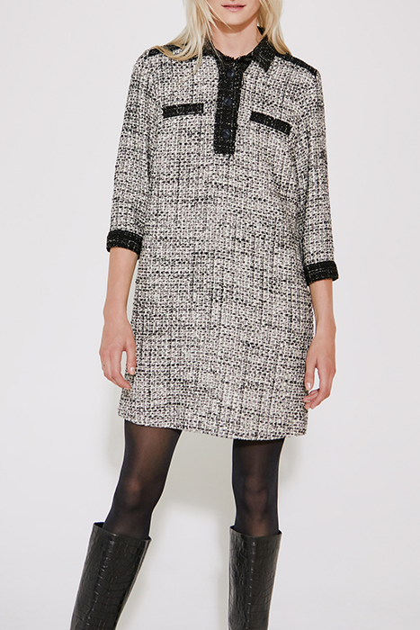 BLACK AND WHITE FRINGED TWEED SHIRT DRESS 1
