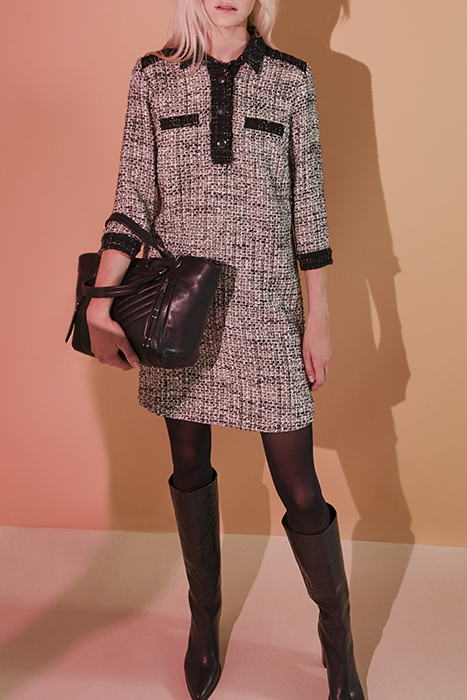 BLACK AND WHITE FRINGED TWEED SHIRT DRESS 6