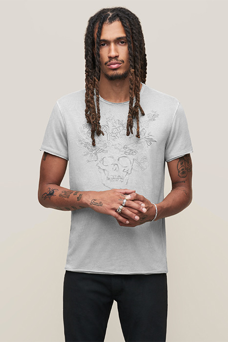 John Varvatos Ss Raw Edge Tee - Floral Skull Ash Maat: XL | T-shirts met Print Outlet | Heren | Grijs