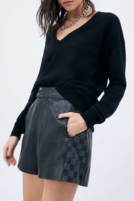 BLACK CHECKERBOARD MOTIF LEATHER HIGH-WAIST SHORTS 5