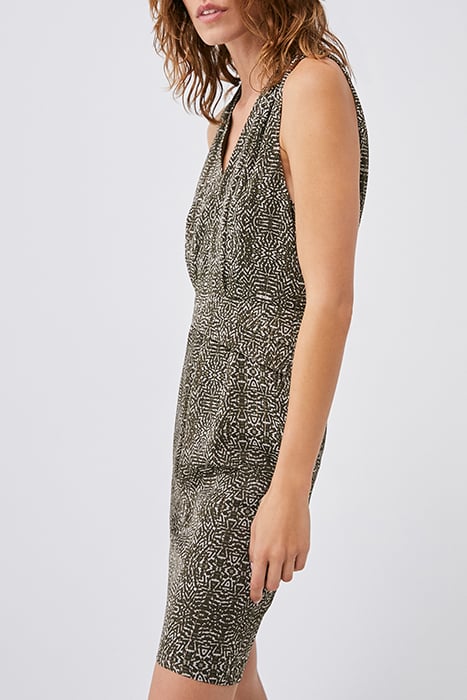 KHAKI ETHNIC PRINT DRESS WITH CROSSOVER WAIST 4