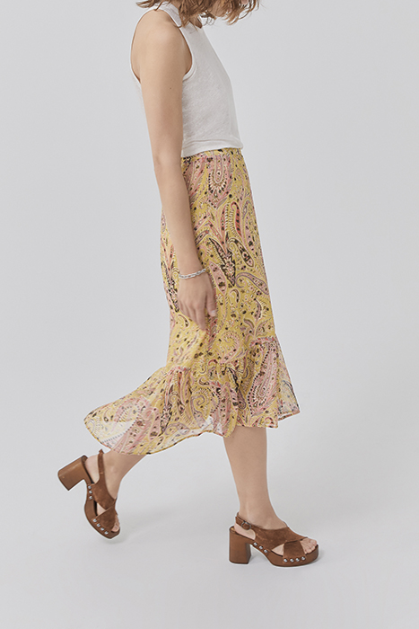 YELLOW PAISLEY SUMMER ASYMMETRIC MIDI SKIRT 4
