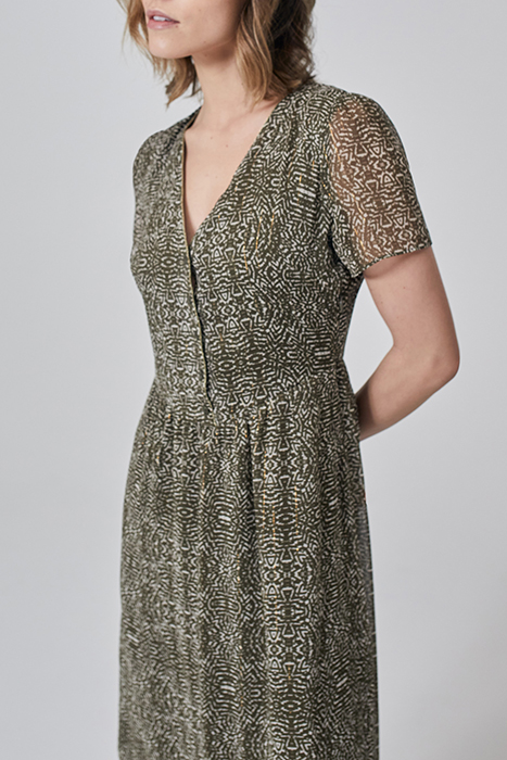 KHAKI DECORATIVE PRINT DOTTED SWISS LONG DRESS 5