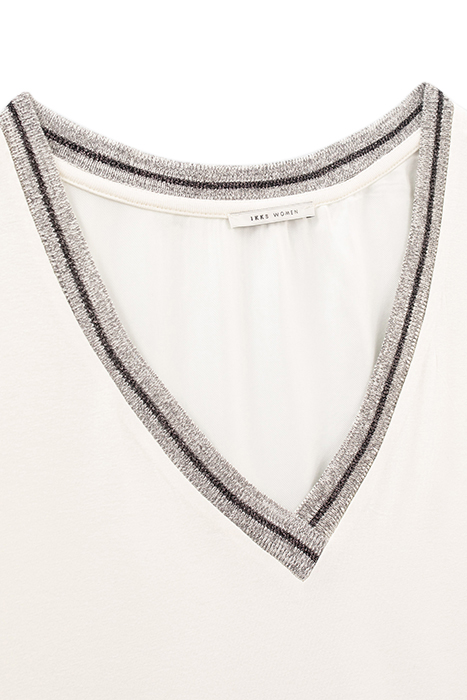 ECRU MIXED FABRIC TOP WITH STRIPED RIBBED V NECK 7