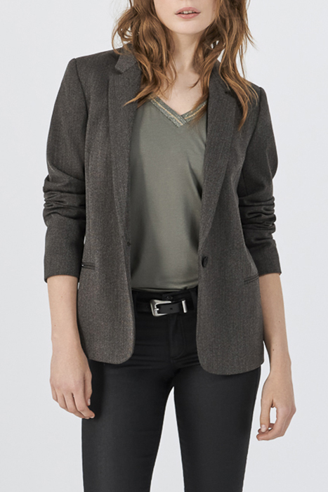 KHAKI MIXED FABRIC TOP WITH STRIPED RIBBED V NECK 3