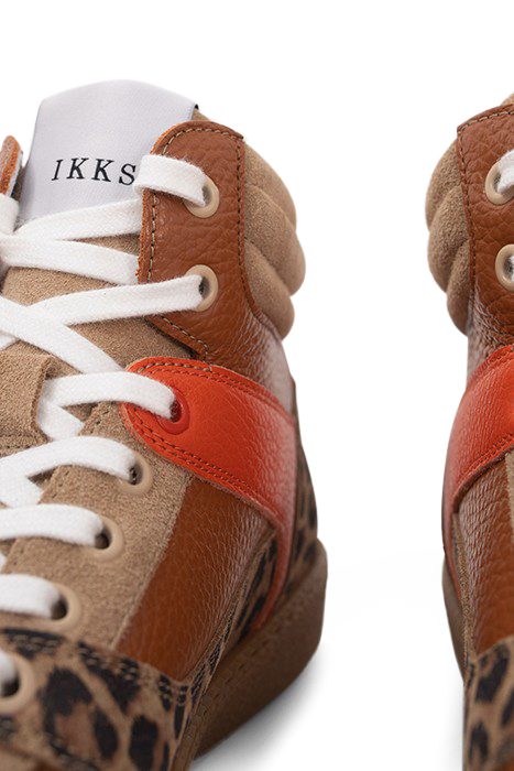 BEIGE, ORANGE AND LEOPARD LEATHER MIX TRAINERS 6