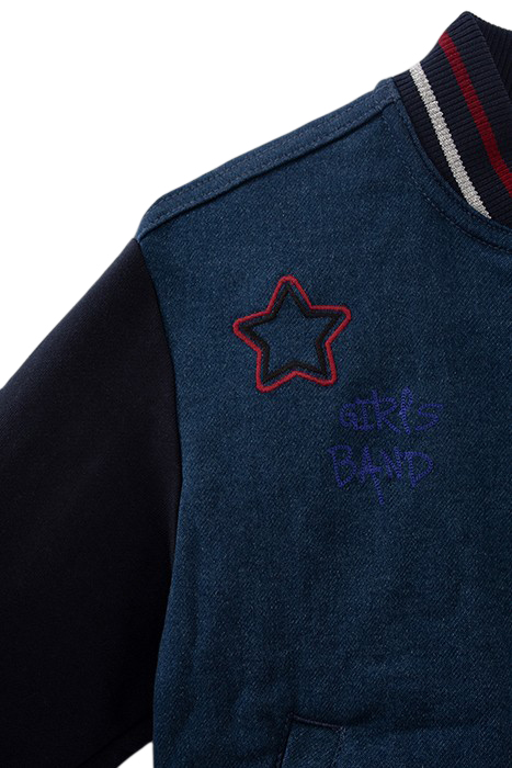 GIRLS’ NAVY DENIM EMBROIDERED MIXED FABRIC BASEBALL JACKET 4
