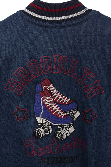 GIRLS’ NAVY DENIM EMBROIDERED MIXED FABRIC BASEBALL JACKET 7