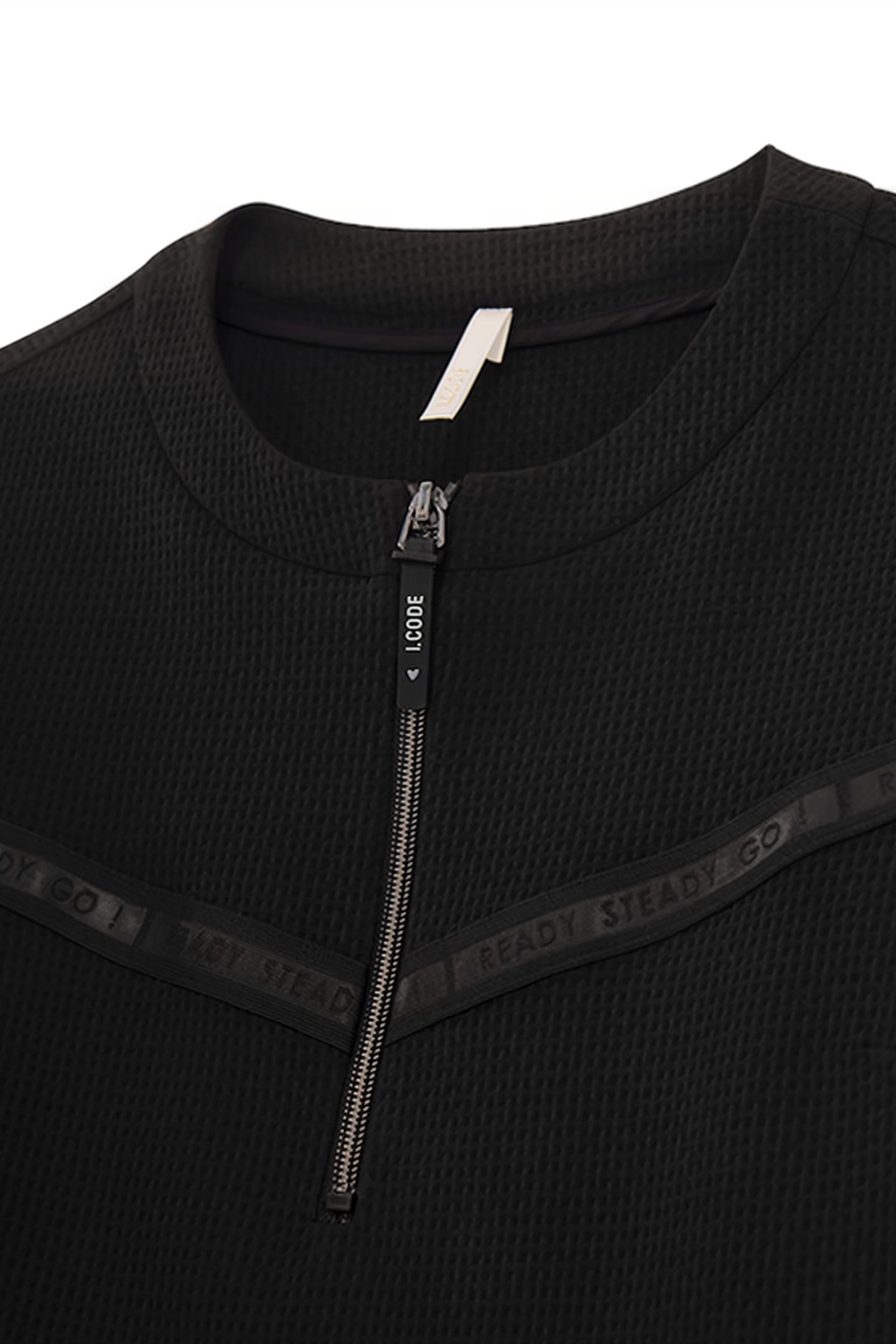 BLACK WAFFLE-KNIT BLOUSE WITH LETTER BAND 7