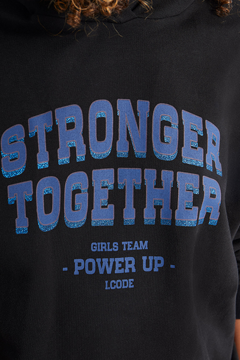 BLACK HOODIE WITH GLITTERY 3D SLOGAN 6