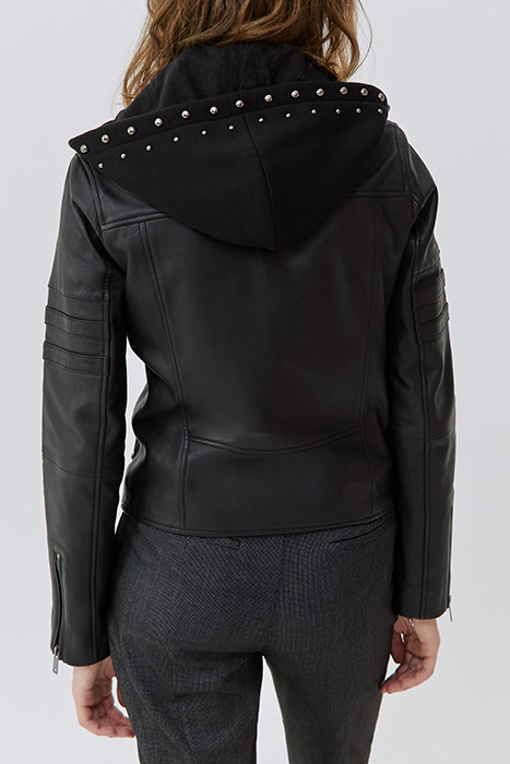 BLACK LEATHER BIKER-STYLE JACKET, ZIPPED FACING BLACK 2