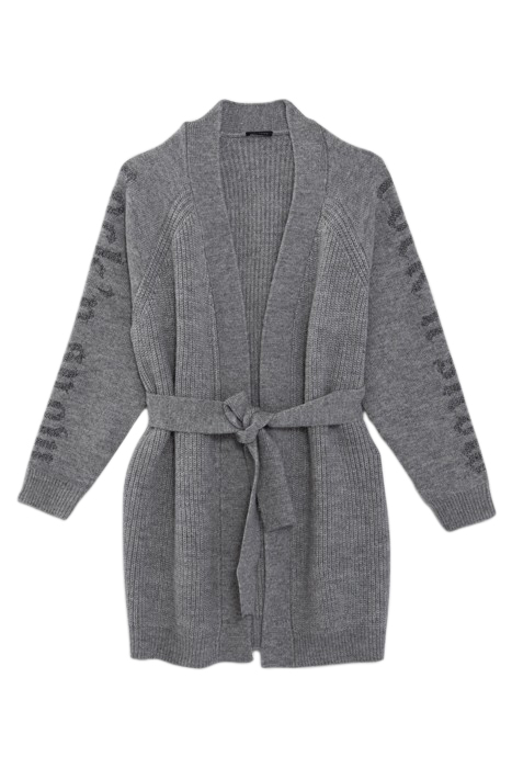 GREY KNIT BELTED CARDIGAN WITH SLOGANS ON SLEEVES GREY 3