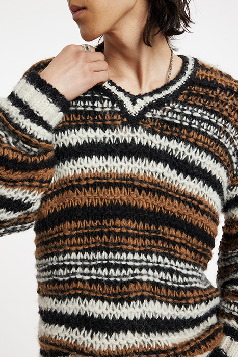 ANGICOS V NECK WITH TEXTURE STITCH STRIP CARAMEL 3