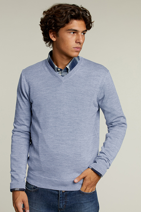 CUSTOM FIT MERINO V-NECK PULLOVER SKY MIX 1