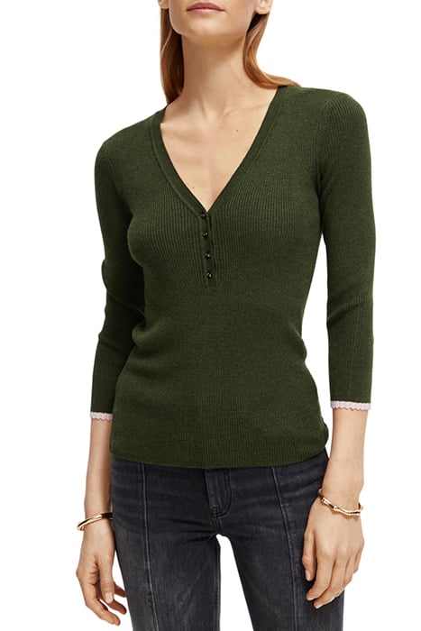 BUTTON DETAIL SKINNY RIB PULLOVER FIELD GREEN MELANGE 1