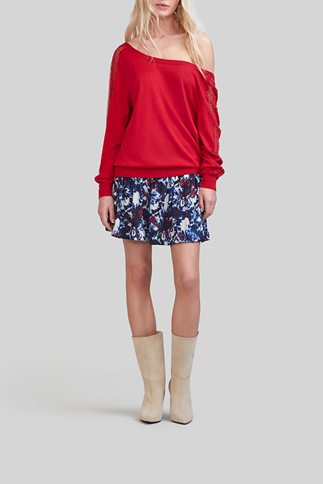 RED KNIT CARDIGAN WITH GUIPURE LACE SLEEVES 3