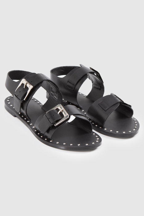 BLACK LEATHER SANDALS, STUDDED WELT, DOUBLE STRAP 3