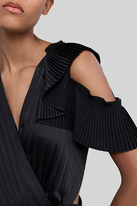 BLACK RECYCLED PLEATED LONG DRESS, SIDE CUT-OUTS 4