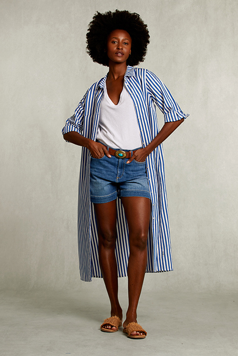 BLUE/WHITE LONG STRIPED DRESS BLUE by River Woods