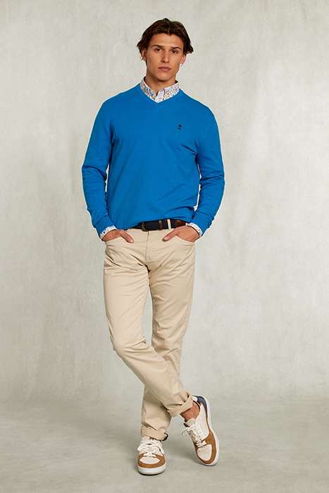 NORMAL FIT BASIC COTTON V-NECK PULLOVER TROPICAL BLUE MIX BL 3