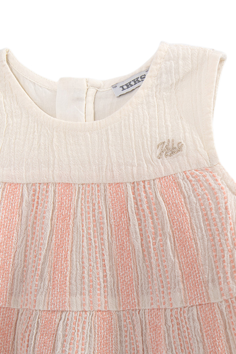 BABY GIRLS’ ECRU DRESS WITH PEACH WOVEN STRIPES & BLOOMERS 5