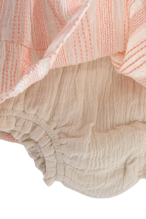 BABY GIRLS’ ECRU DRESS WITH PEACH WOVEN STRIPES & BLOOMERS 6