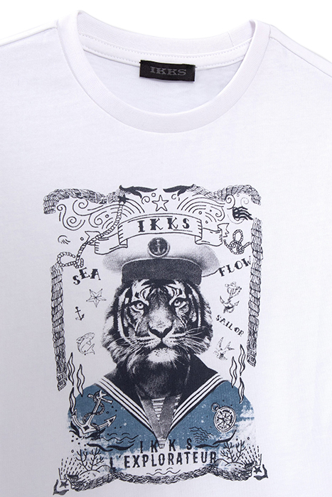 BOYS' WHITE ORGANIC COTTON T-SHIRT WITH TIGER-SAILOR IMAGE 3