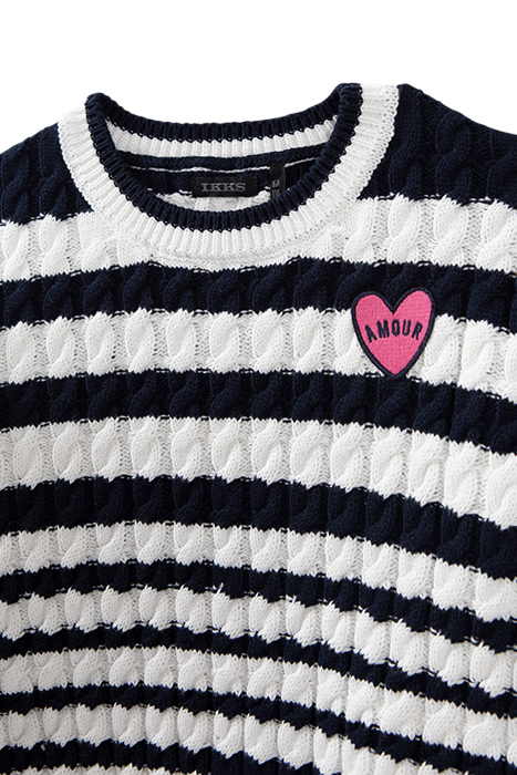 GIRLS' ECRU CABLE KNIT SWEATER WITH NAVY STRIPES 3