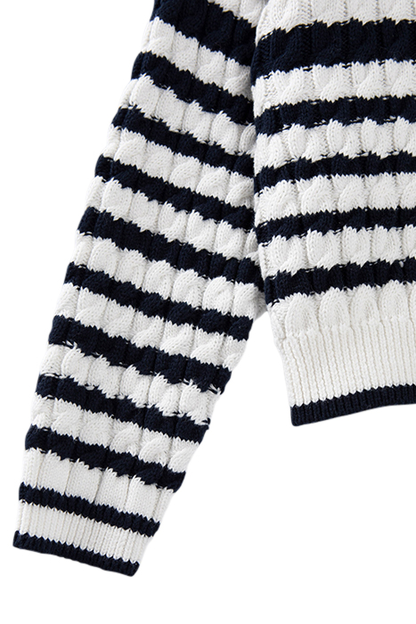 GIRLS' ECRU CABLE KNIT SWEATER WITH NAVY STRIPES 5